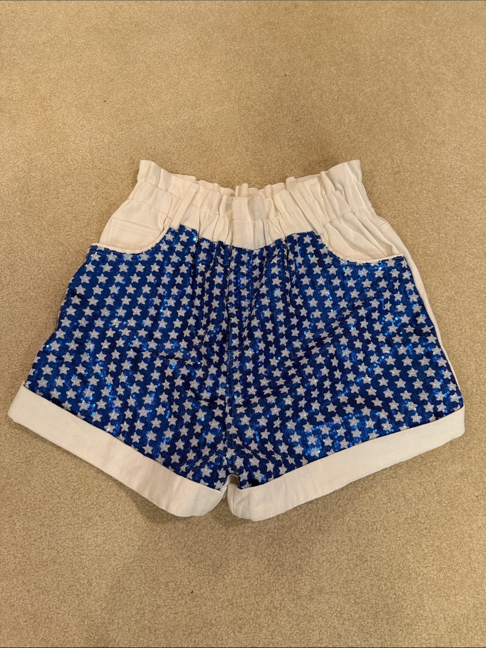 Women’s Blue Sequin Star Elastic Waist Denim Shorts